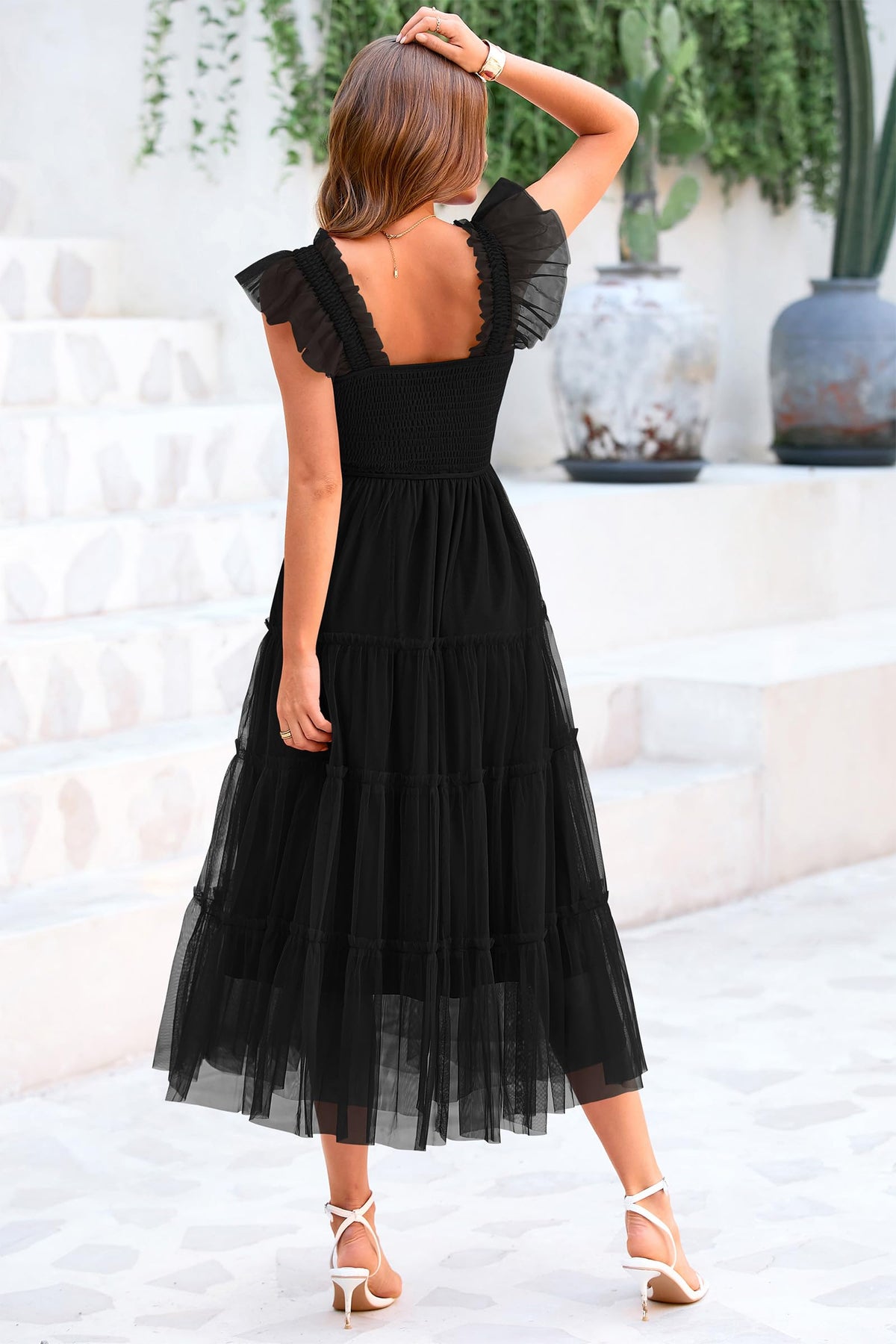 Casual Sleeveless Smocked Ruffle Tulle Flowy Beach Sundress