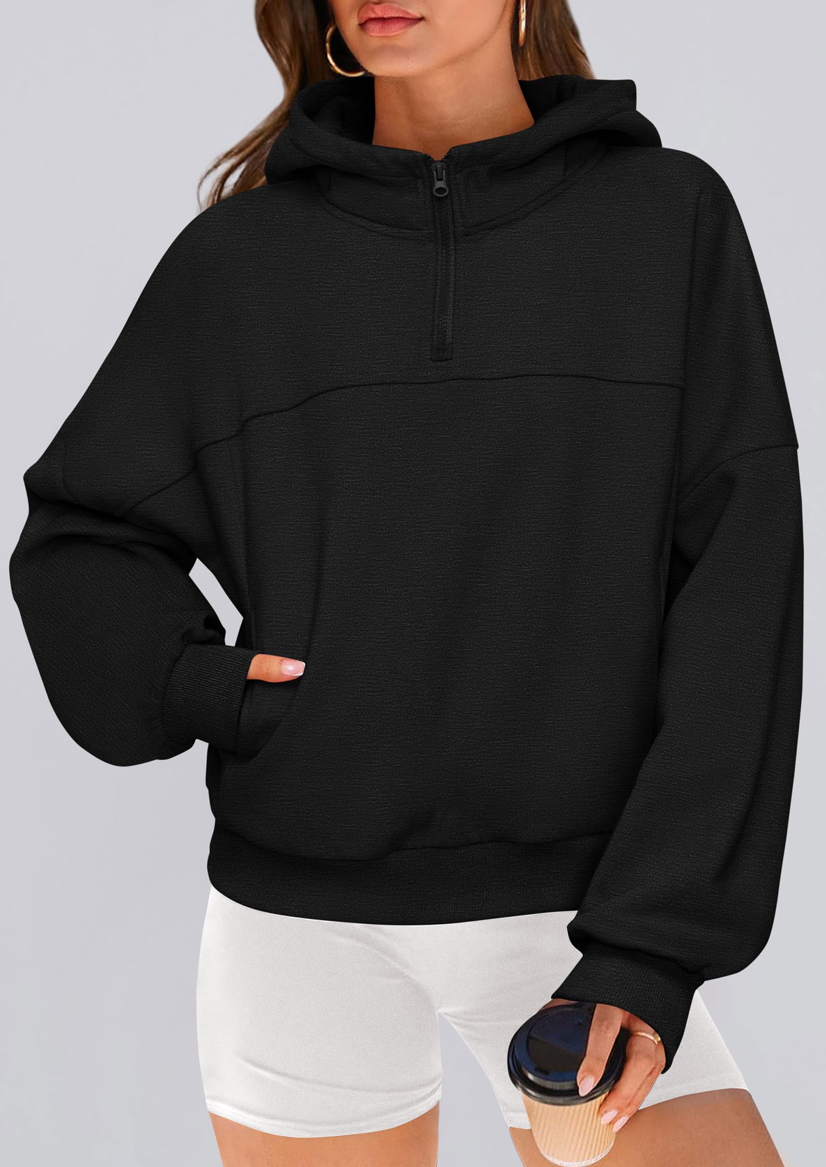 PRETTYGARDEN Womens Hoodies Cropped Fleece Sweatshirts Fall Fashion Quarter Zip Pullover Long Sleeve Tops Winter Clothes