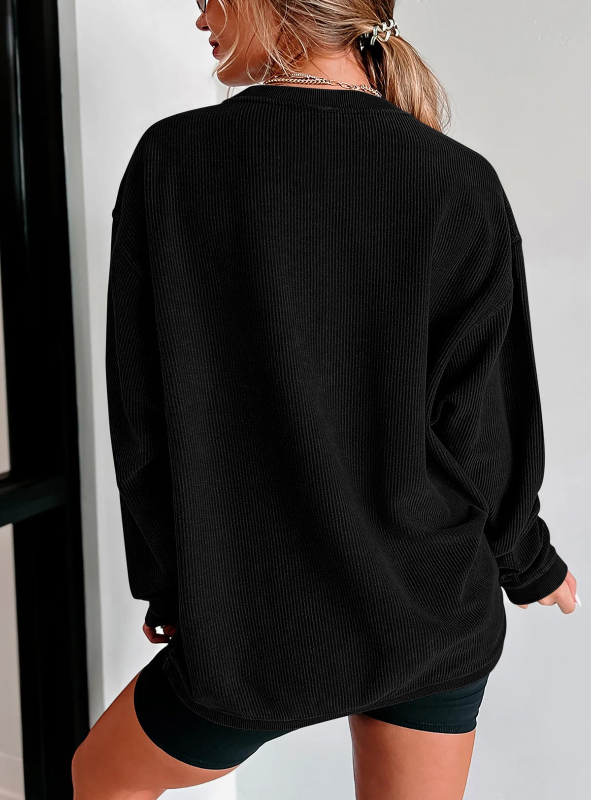 Ribbed Corduroy Crew Neck Long Sleeve Loose Fit Casual Oversized Sweatshirt