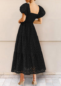 Eyelet Square Neck Puff Sleeve Smocked Maxi Dress with Pockets