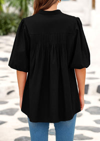 Lantern Sleeve Loose Fit Button Down Casual Pleated V Neck Blouses