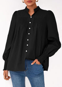 PRETTYGARDEN Womens Fall Lantern Long Sleeve Shirts Trendy Button V Neck Pleated Henley Tops Loose Work Blouses