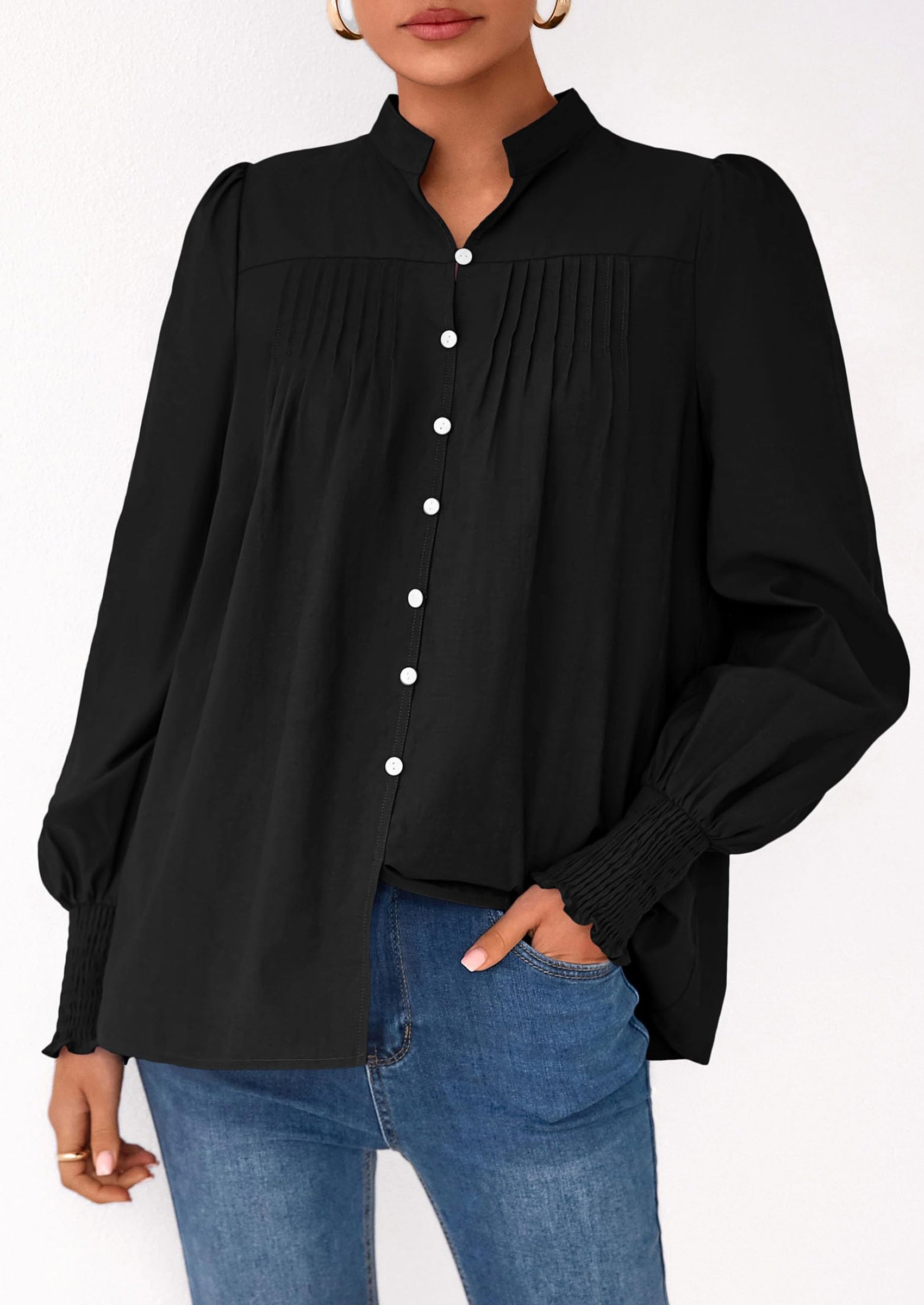 PRETTYGARDEN Womens Fall Lantern Long Sleeve Shirts Trendy Button V Neck Pleated Henley Tops Loose Work Blouses