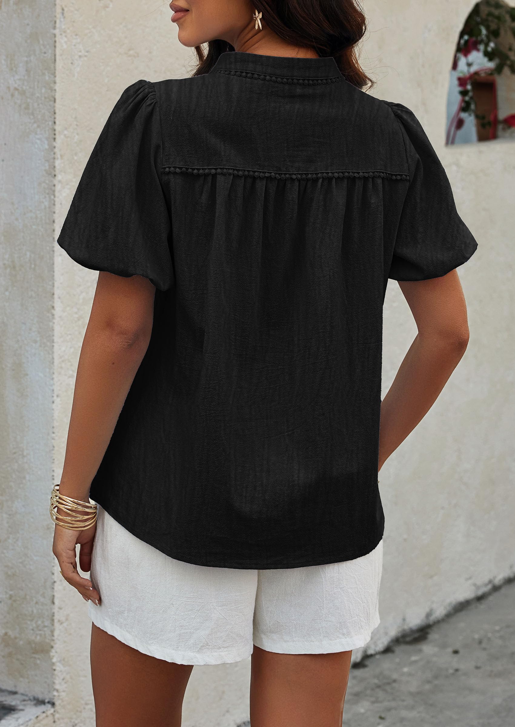 PRETTYGARDEN Womens Casual Summer Tops V Neck Short Puff Sleeve Pleated Cotton T Shirts Loose Dressy Blouses