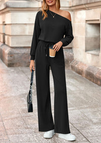 PRETTYGARDEN Long Sleeve Jumpsuit For Women Dressy Off Shoulder One Piece Loose Wide Leg Jumpsuits Casual Flowy Romper