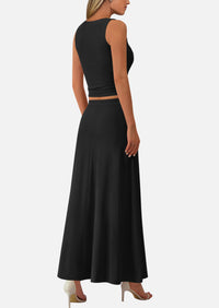 Crop Tank Top Flowy Midi Skirts Ribbed Knit Casual Two Piece Skirt Set