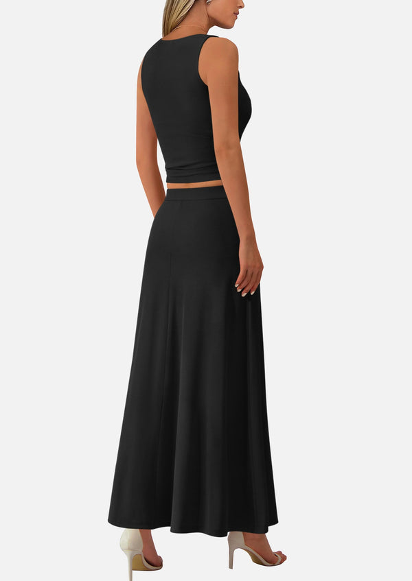 Crop Tank Top Flowy Midi Skirts Ribbed Knit Casual Two Piece Skirt Set