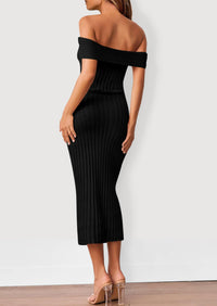 Off The Shoulder Elegant Ribbed Knit Bodycon Wedding Guest Sweater Midi Dresses