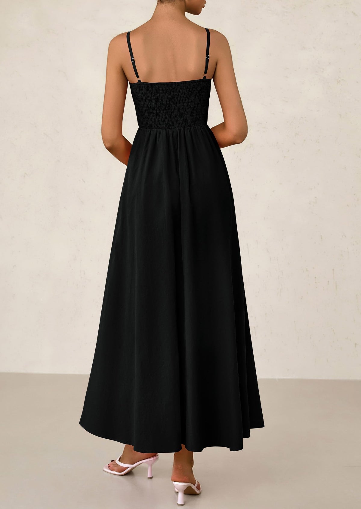 Smocked Beach Casual Spaghetti Strap Swing A Line Flowy Maxi Dresses