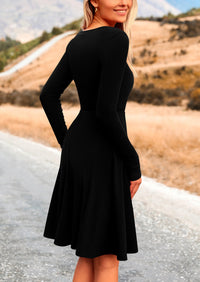 Ribbed Knit Crew Neck Long Sleeve A-Line Flowy Casual Elegant Mini Dresses