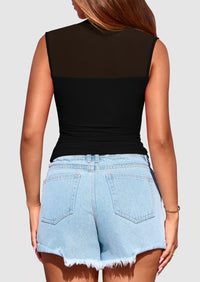 Sheer Mesh Casual Sleeveless Mock Neck Ruched Slim Fitted Tank Tops