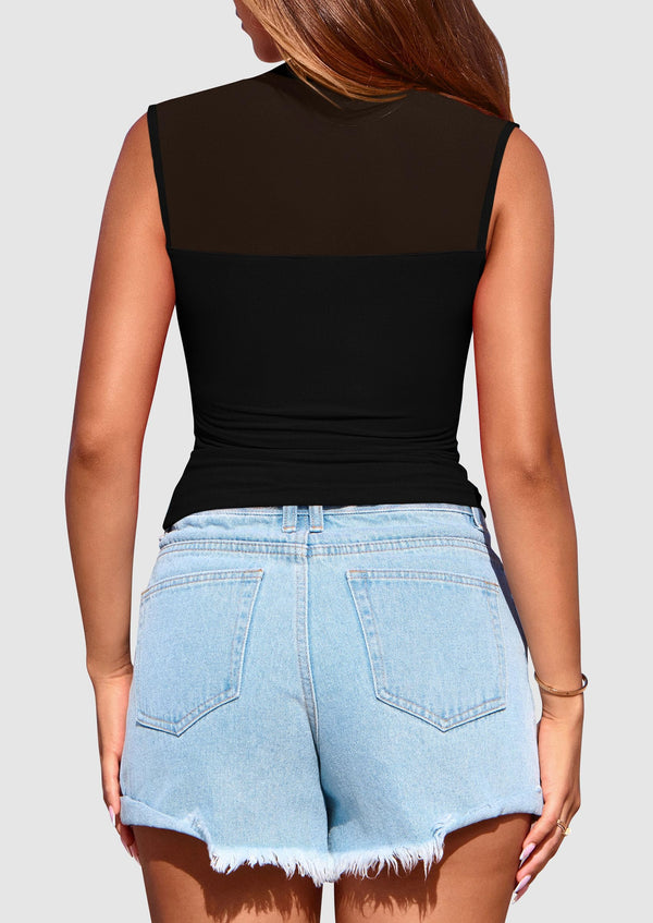 Sheer Mesh Casual Sleeveless Mock Neck Ruched Slim Fitted Tank Tops