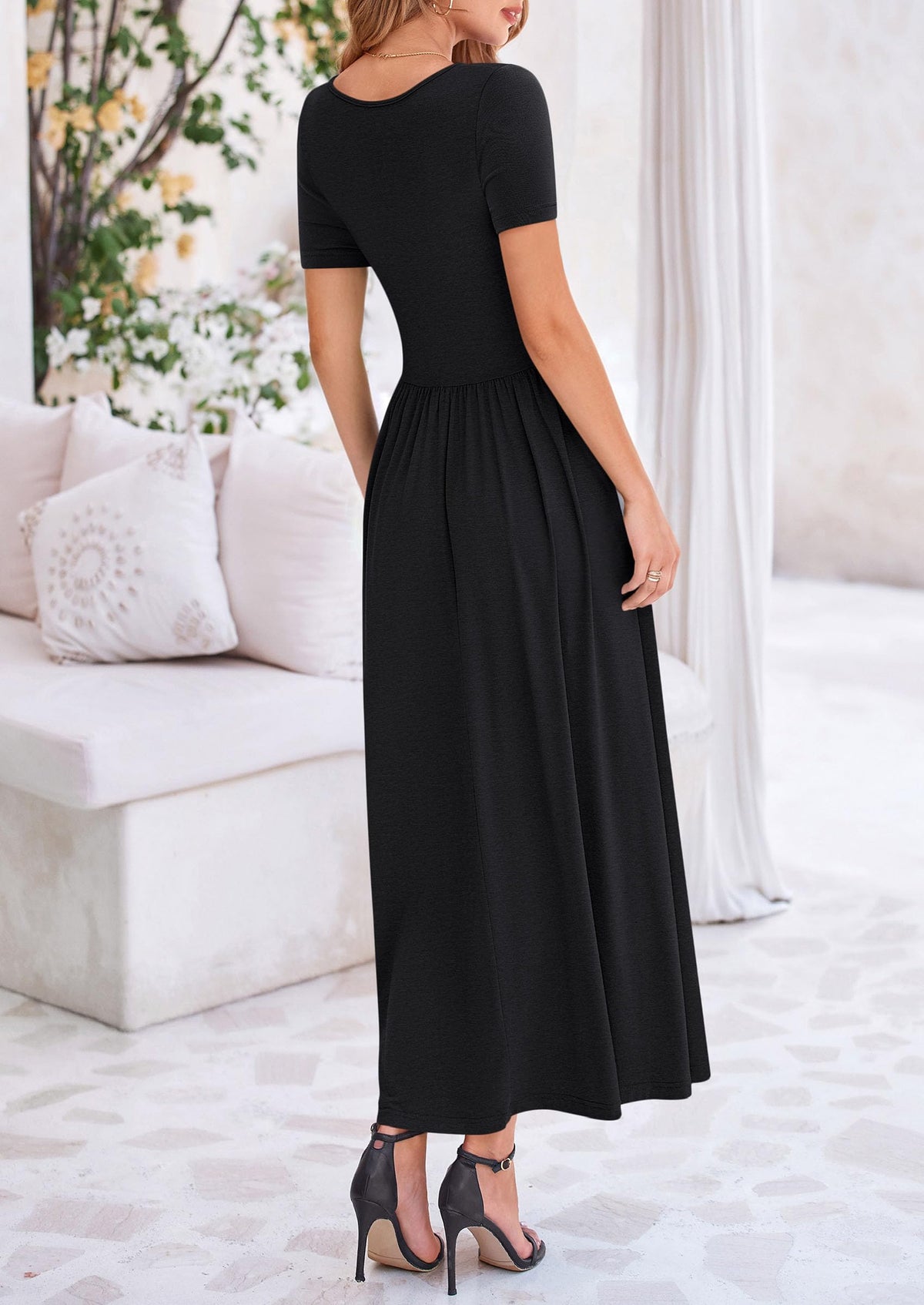 Casual Short Sleeve Ruched Patchwork A Line Pleated Swing Maxi Dresses with Pockets
