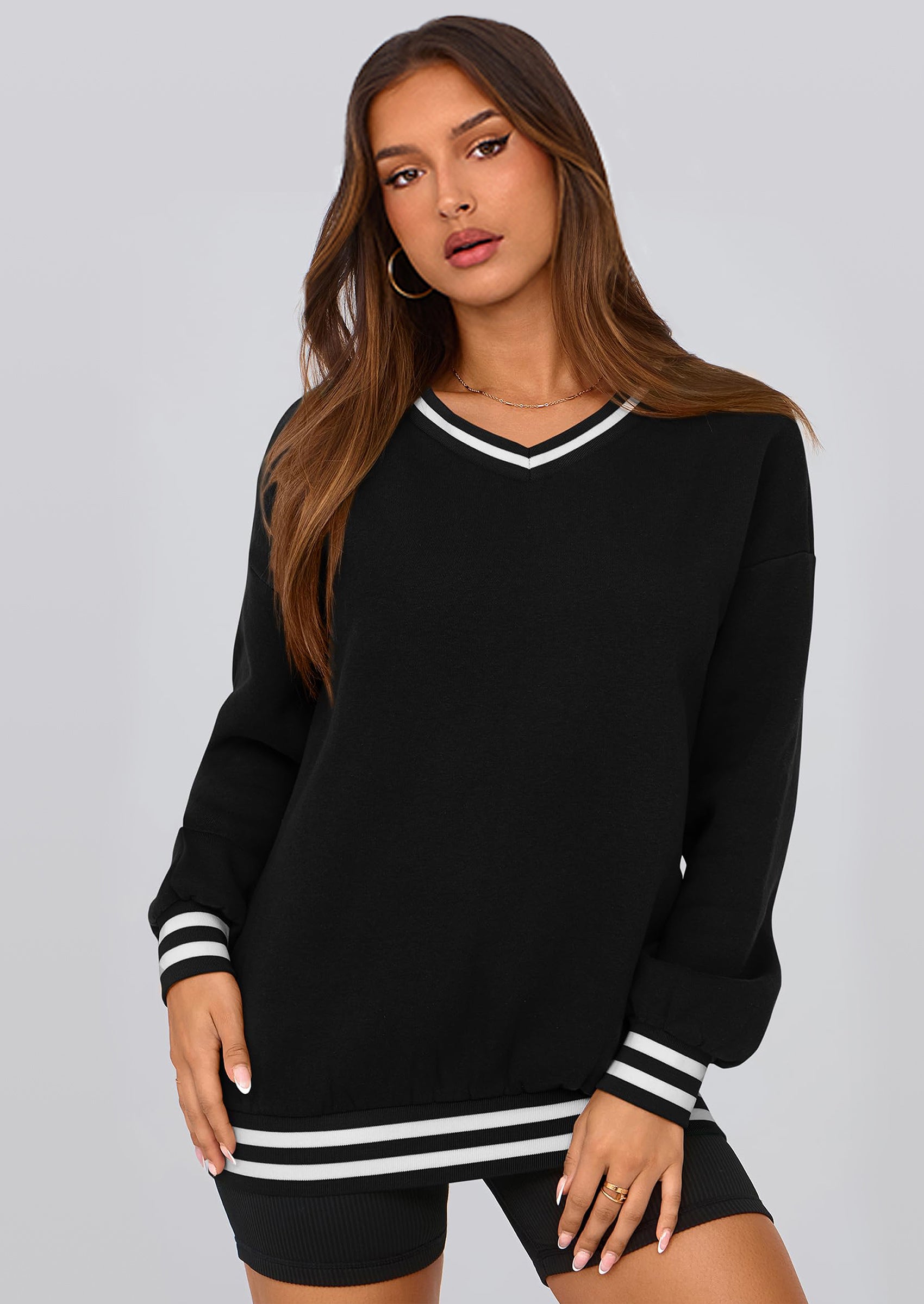 PRETTYGARDEN Women's Oversized Sweatshirts Casual Long Sleeve Stripes Knit V Neck Pullover Top Fall Teens Preppy Clothes