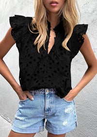 Casual Ruffle Cap Sleeve Button V Neck Embroidered Eyelet Blouses