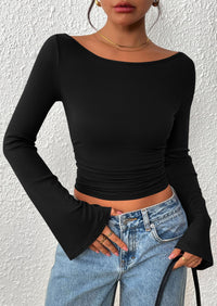 PRETTYGARDEN Women's Long Sleeve Shirts Fall Going Out Tops Casual Boat Neck Bell Sleeve Ribbed Ruched Y2K Clothes