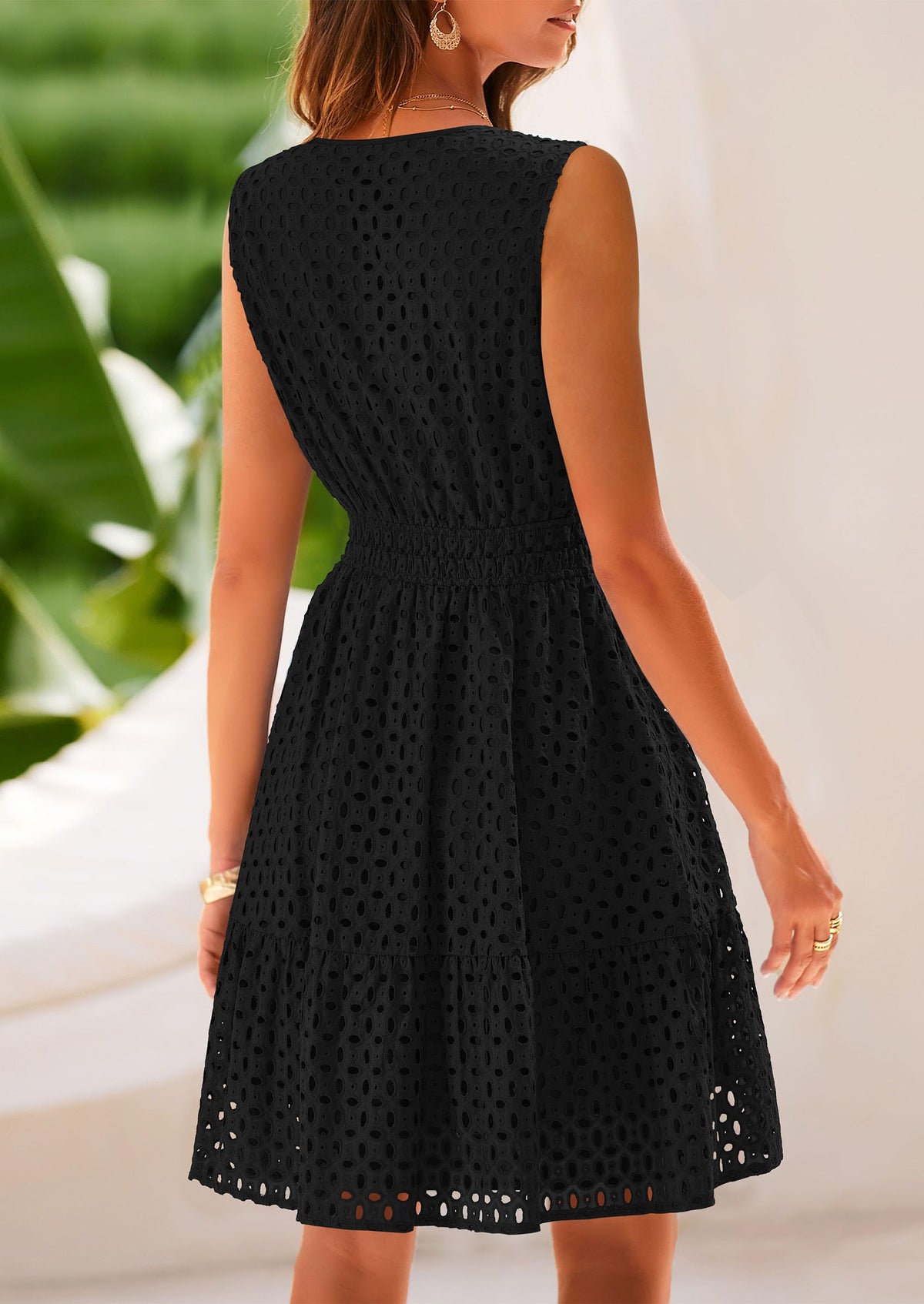 Sleeveless V Neck Eyelet Hollow Out Swing A Line Beach Vacation Dresses