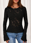 PRETTYGARDEN Womens Lace Long Bell Sleeve Tops Fall Sexy See Through Sheer Floral Blouse Shirt Fitted Going Out Outfits