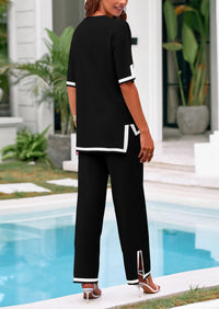 Casual Short Sleeve Knit Sweater Tops Wide Leg Pants 2 Piece Sets