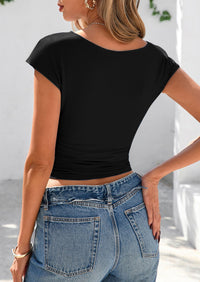 Ruched Crop Cap Sleeve Ribbed Knit Fitted Going Out T-shirts