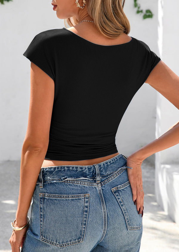 Ruched Crop Cap Sleeve Ribbed Knit Fitted Going Out T-shirts