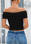 PRETTYGARDEN Summer Tops for Women Off Shoulder Short Sleeve Ruched Slim Fit Shirts Blouses Y2K Going Out Top
