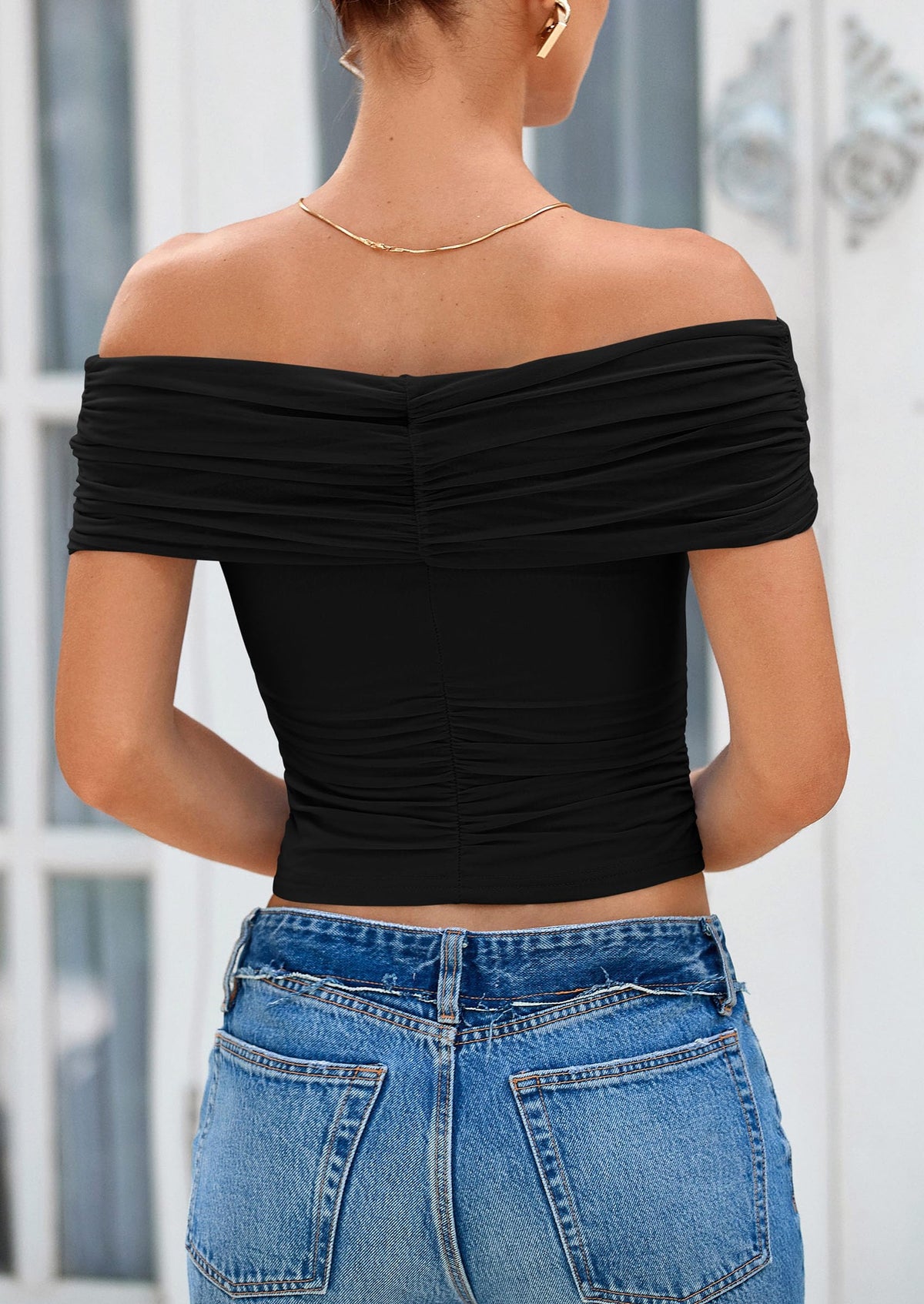 Off The Shoulder Short Sleeve Ruched Slim Fit Y2K Going Out Blouses