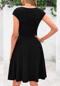 Crew neck Cap Sleeve Ribbed Knit Casual Flowy A Line Mini Dress with Pockets