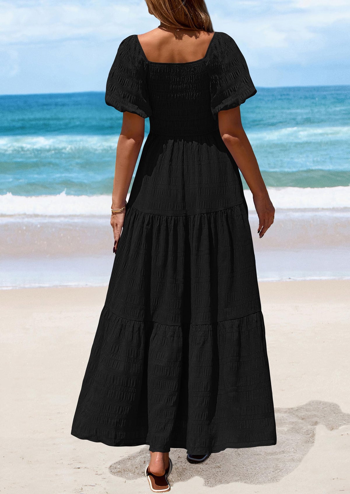Puff Short Sleeve Square Neck Smocked Tiered Ruffle A Line Flowy Beach Maxi Dresses