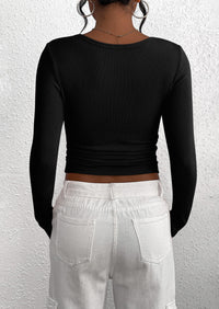Long Sleeve Henley Button Down Ribbed Knit Slim Fit Blouse