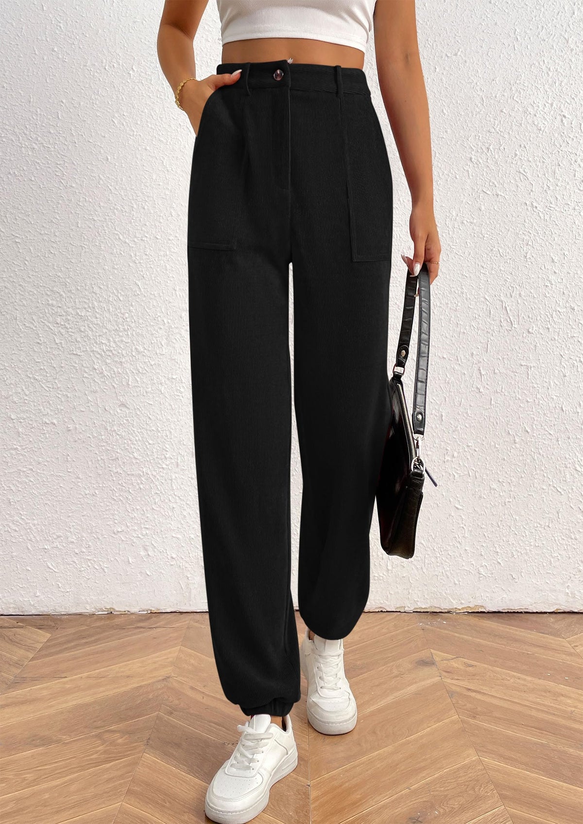 Elastic High Waisted Work Office Corduroy Casual Pants with Pockets