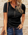 BTFBM Women Summer Henley Tunic Top V Neck Short Sleeve Button UP Solid Slim Fit Casual Ribbed Knit Shirt Blouses