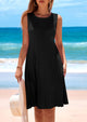 Sleeveless Crew Neck Loose Tank A-Line Pleated Swing Flowy Party Mini Dress