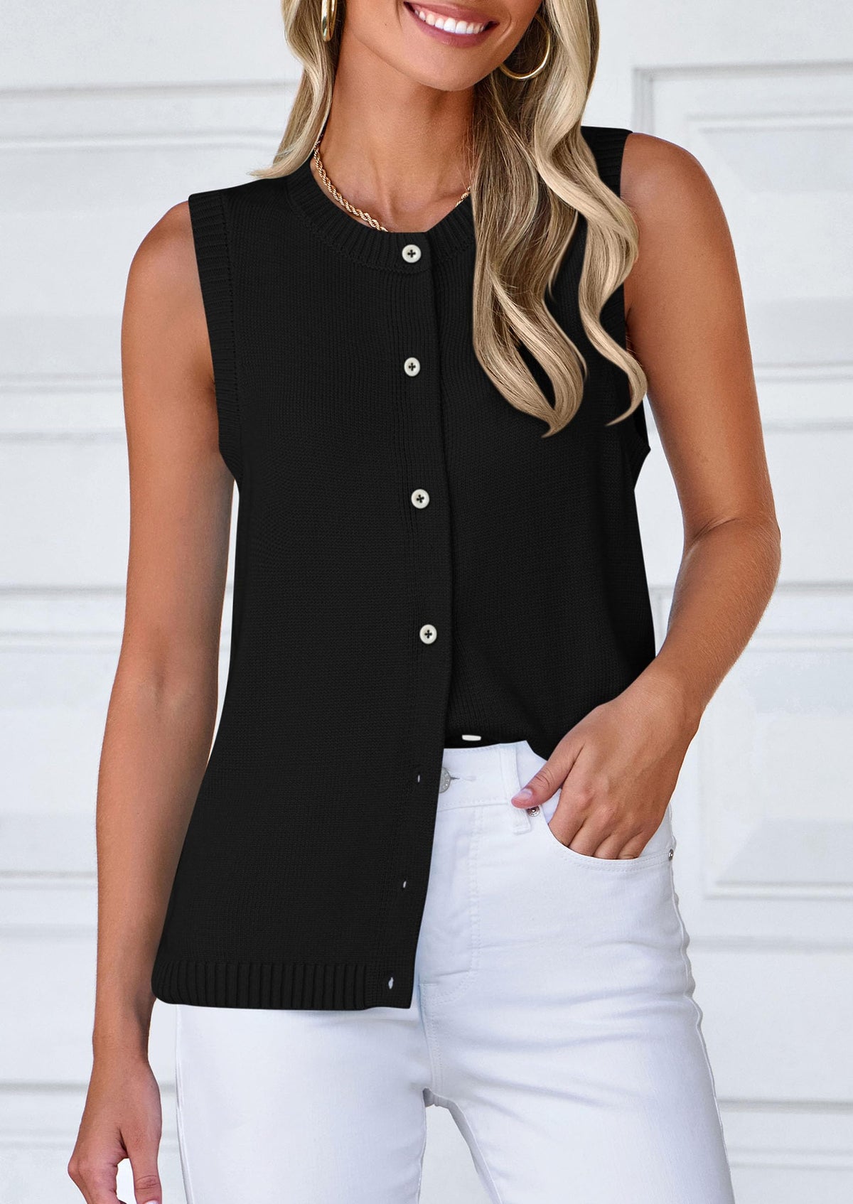 Sleeveless Button Down Business Casual Knit Tank Tops