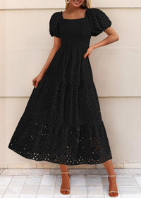 Eyelet Square Neck Puff Sleeve Smocked Maxi Dress with Pockets