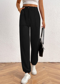 Elastic High Waisted Work Office Corduroy Casual Pants with Pockets