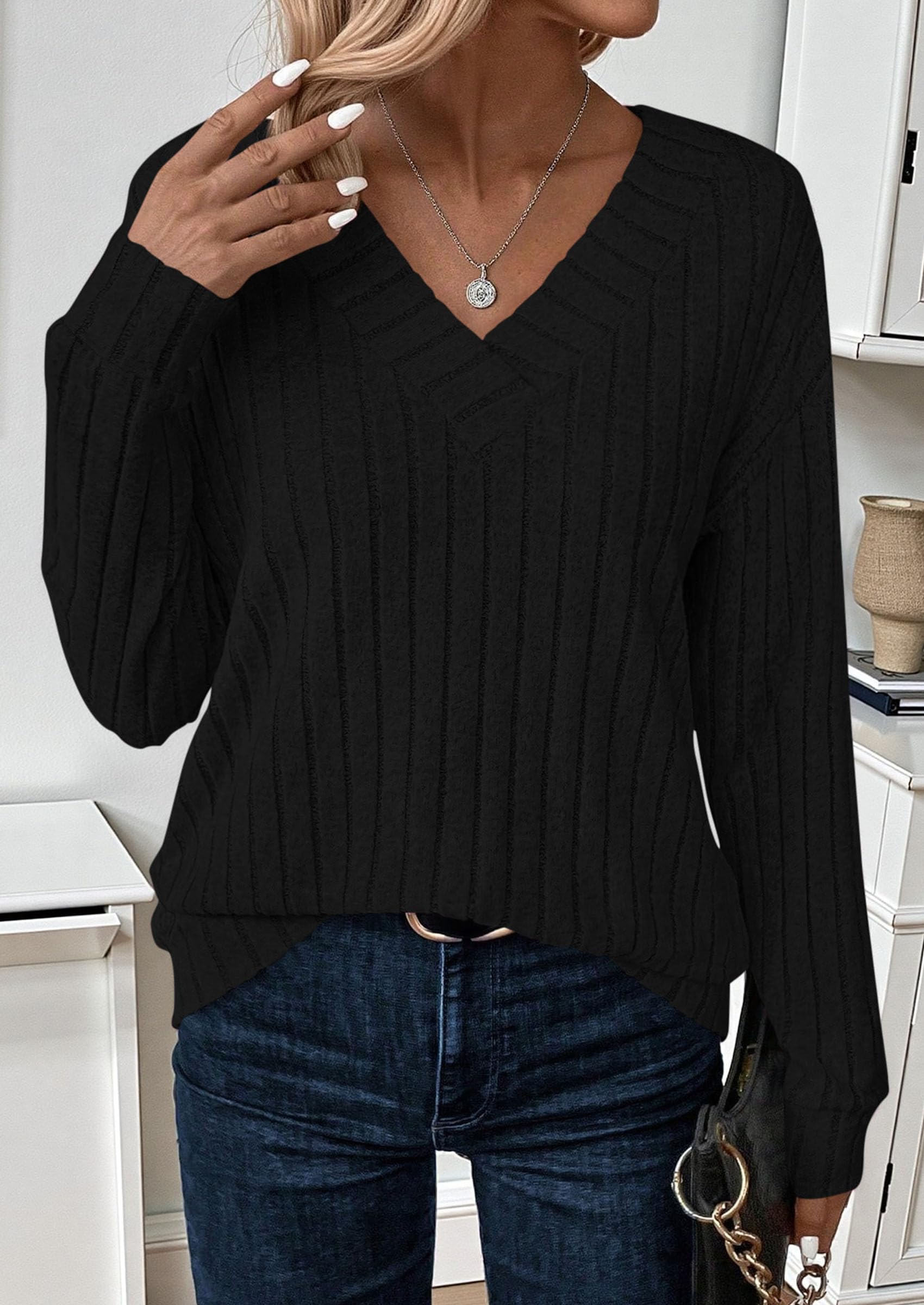 PRETTYGARDEN Fall Fashion Long Sleeve Shirts for Women Ribbed Knit V Neck Dressy Casual Lightweight Sweaters Tunic Tops