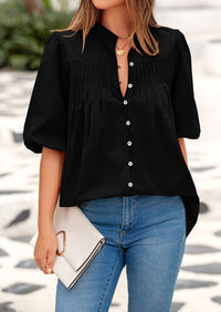 Lantern Sleeve Loose Fit Button Down Casual Pleated V Neck Blouses