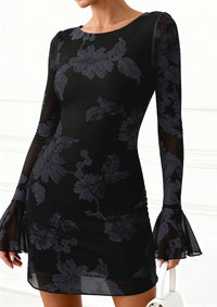 PRETTYGARDEN Women's Floral Embroidered Dress Fall Long Bell Sleeve Ribbon Flower Mini Short Mesh Bodycon Party Dresses