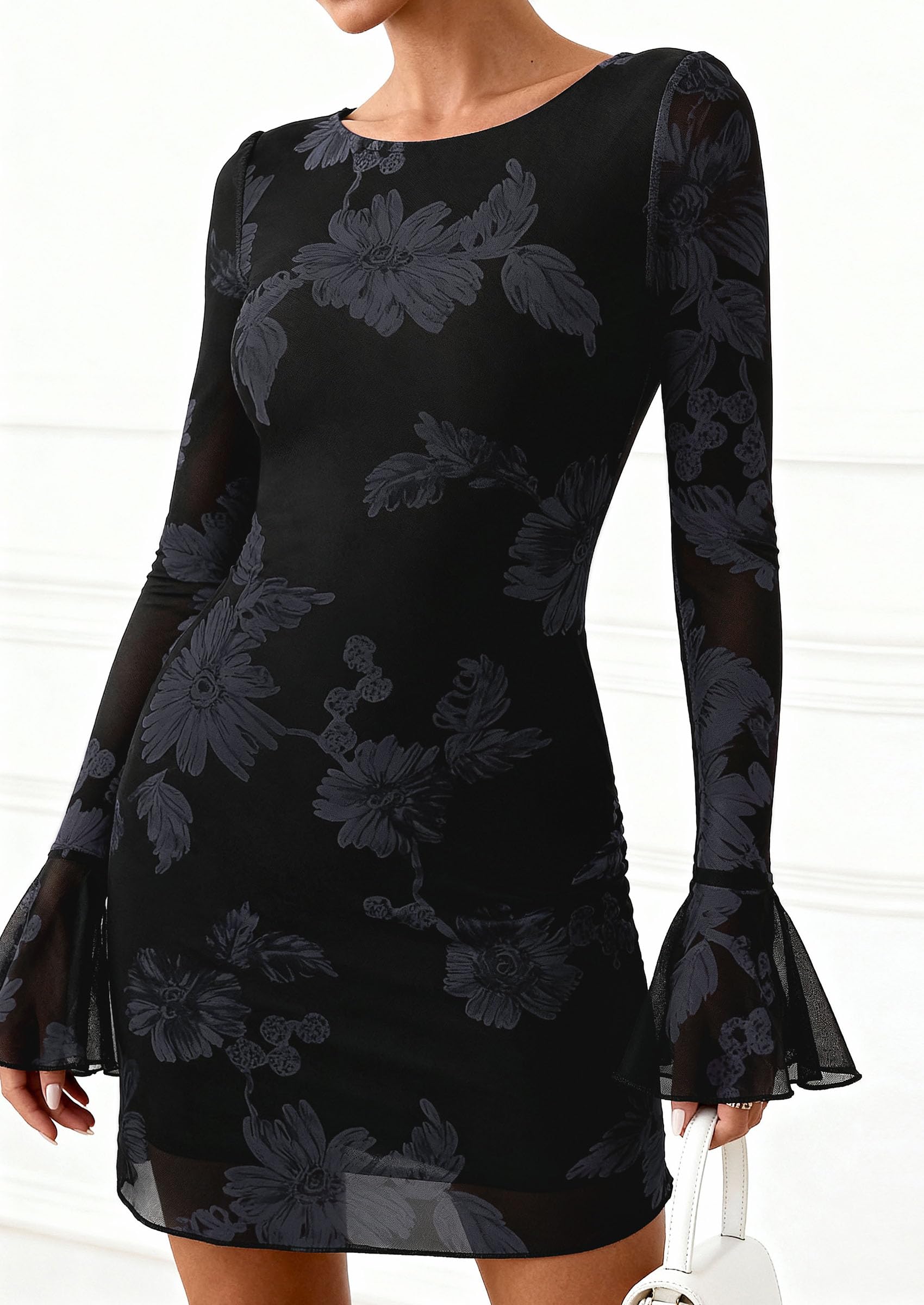 PRETTYGARDEN Women's Floral Embroidered Dress Fall Long Bell Sleeve Ribbon Flower Mini Short Mesh Bodycon Party Dresses