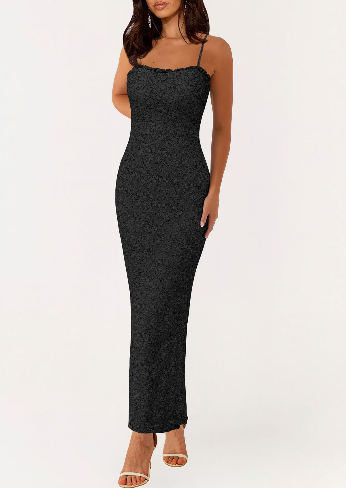 Elegant Spaghetti Strap Lace Floral Bodycon Maxi Dress