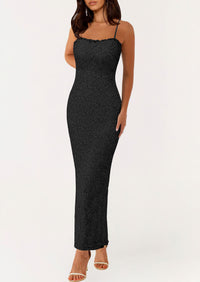 Elegant Spaghetti Strap Lace Floral Bodycon Maxi Dress