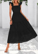 Square Neck Cap Sleeve Eyelet Smocked Tiered A Line Maxi Dresses with Pockets