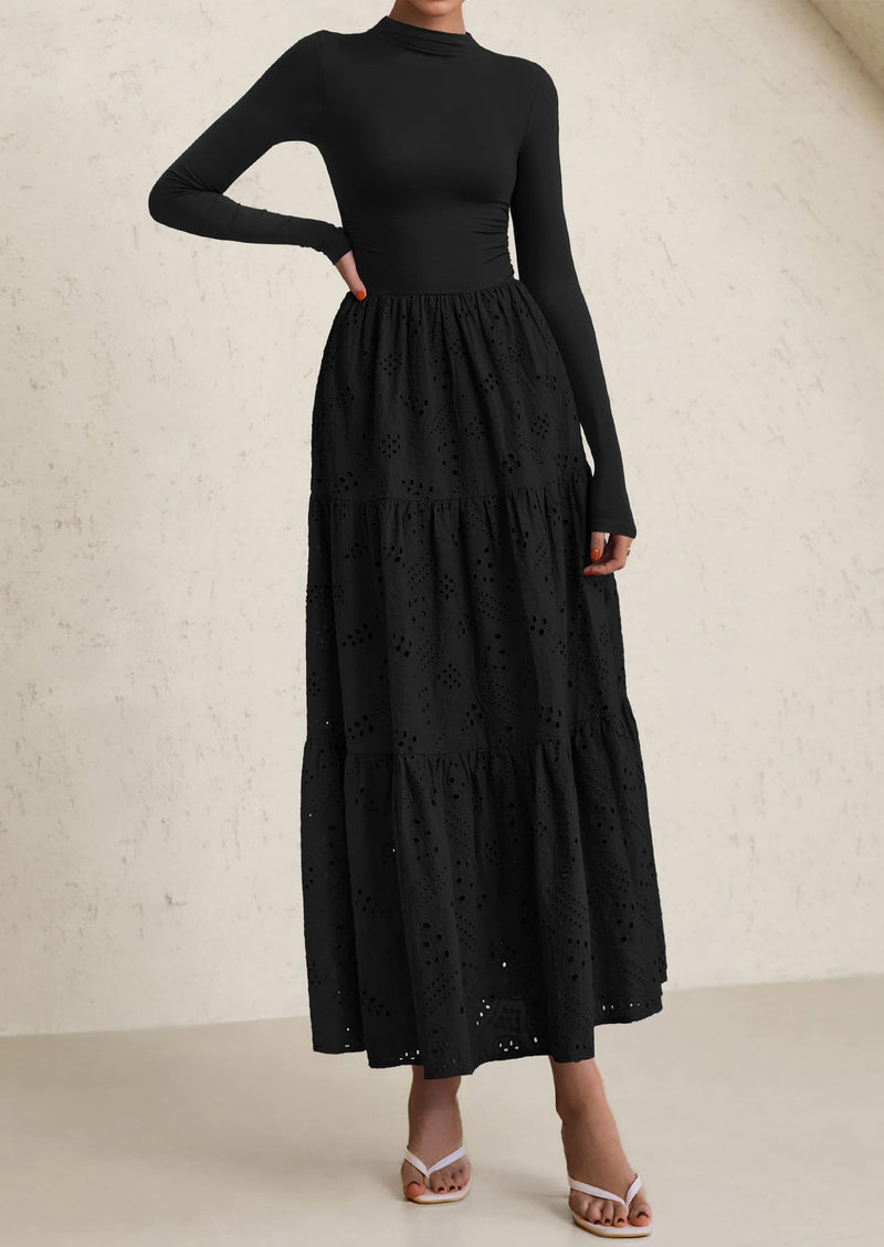 PRETTYGARDEN Long Sleeve Dress for Women Fall Eyelet Mock Neck A Line Elegant Classy Maxi Wedding Guest Dresses Pockets