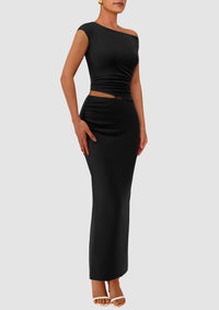 One Shoulder Sleeveless Ruched Slit Bodycon Two Piece Skirt Set