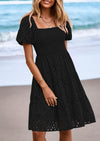 PRETTYGARDEN Womens Summer Puff Sleeve Mini Dress Off Shoulder Eyelet Smocked A Line Casual Babydoll Short Dresses