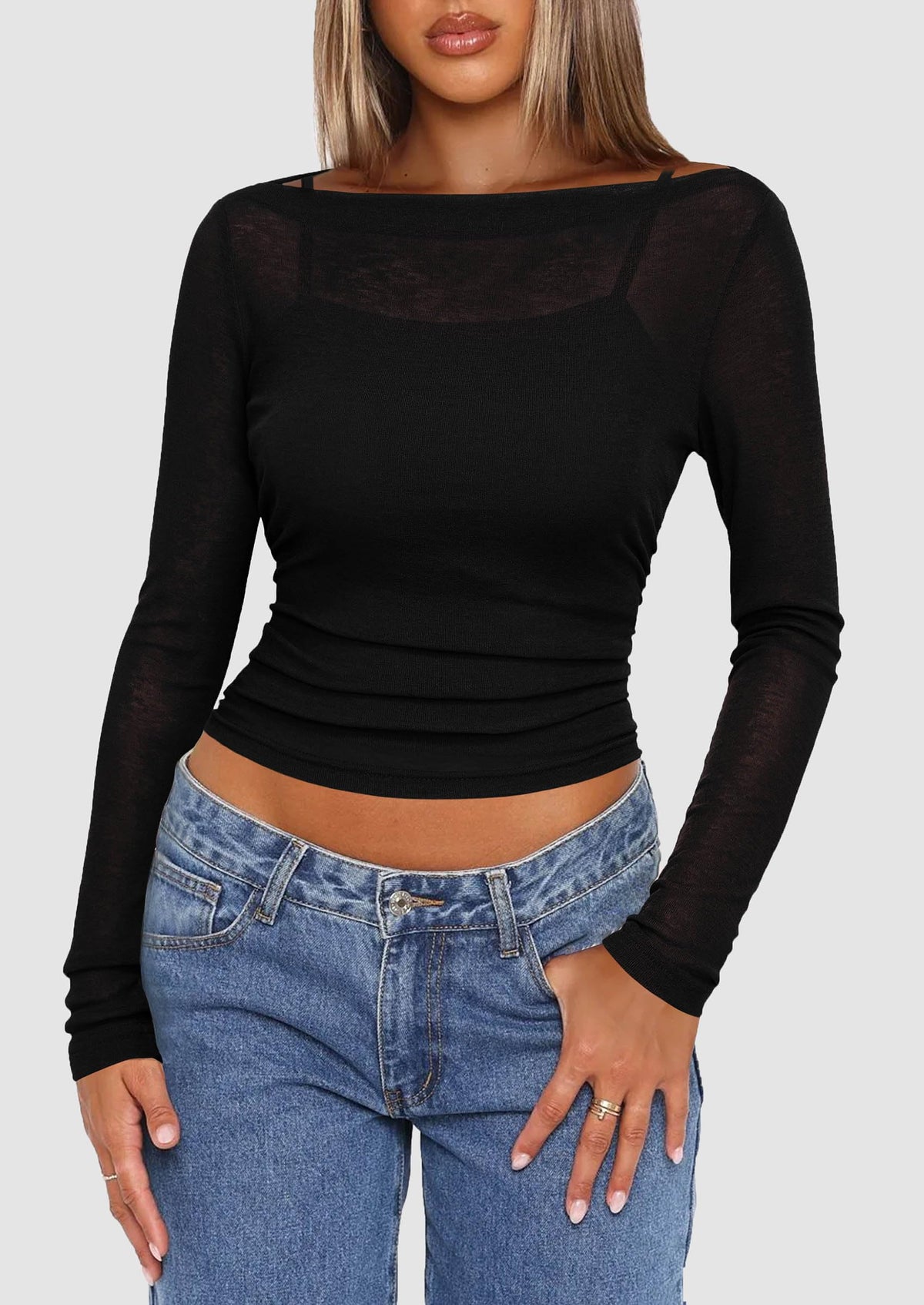 Boat Neck Long Sleeve Sheer Crop Cover Up with Spaghetti Strap Camisole 2 Piece Blouses