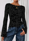 PRETTYGARDEN Women Long Sleeve Floral Mesh Tops Blouse  Fall Trendy Boat Neck Ruched Fitted Shirt Going Out Date Outfits