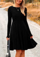 Ribbed Knit Crew Neck Long Sleeve A-Line Flowy Casual Elegant Mini Dresses