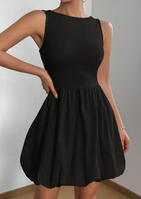 Casual Sleeveless Tank Mini Short Dress Crew Neck Bubble Dress with Pockets